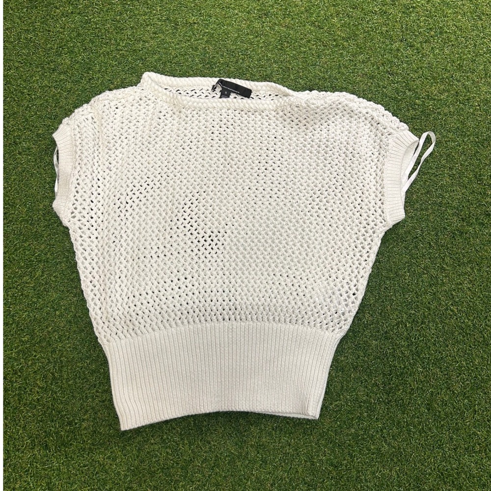 White House Black Market White Open Knit Ribbed Hem Short Sleeve Sweater Small
